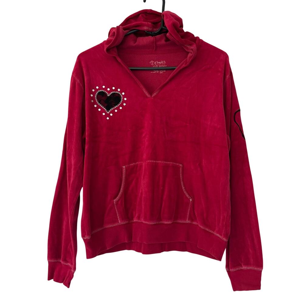 Vintage Candie’s Velour Heart Stud Hoodie Pullover Pink Y2K lounge coquette M